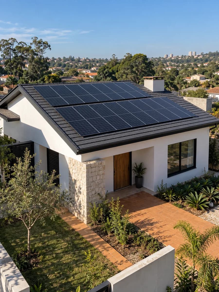 Casa com painéis solares instalados no telhado